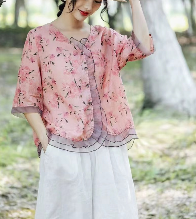 Elegant Printed Patchwork Tulle Cardigan Short Sleeve Blouse Top