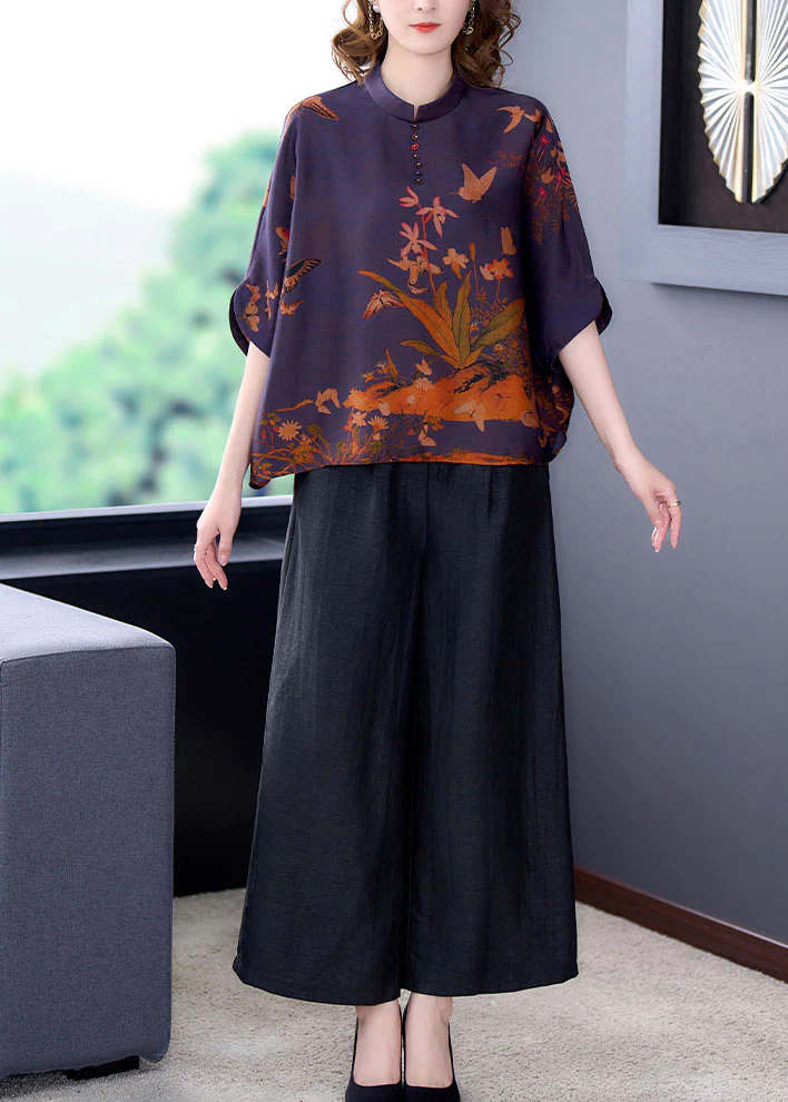 Elegant Standing Collar Printed Silk Blouse Top