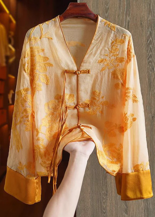 Chinese V-Neck Embroidered Button Silk Shirt Blouse