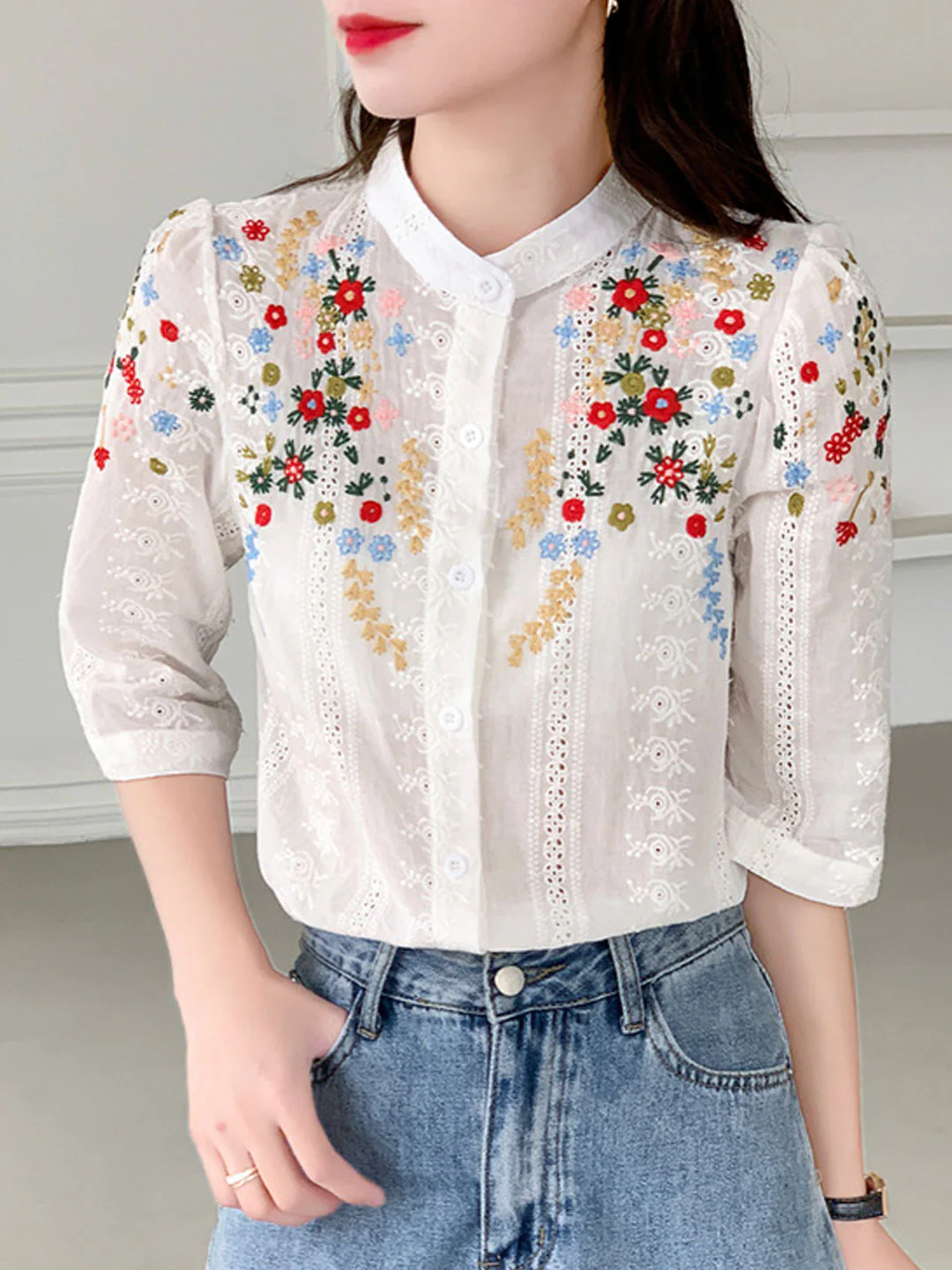 Elegant Embroidered Jacquard Short Sleeve Cardigan Shirt Top