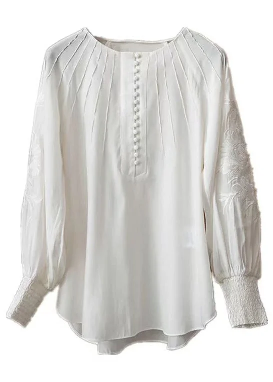 Women's White Embroidered Button Cotton Shirt Lantern Sleeve Spring