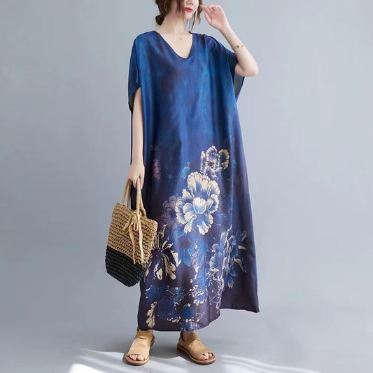 Plus Size V-Neck Vintage Printed Swing Long Dresses