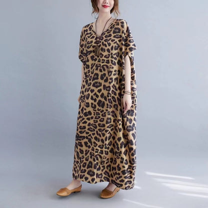 Plus Size Loose V-Neck Leopard Print Dress