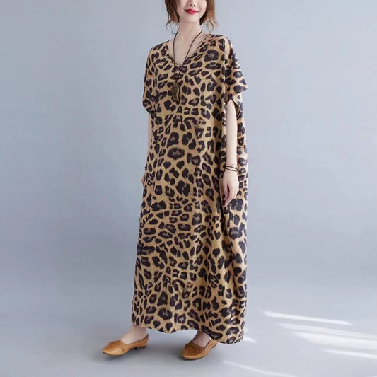 Plus Size Loose V-Neck Leopard Print Dress