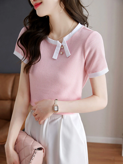 Elegant Color Clash Crew Neck Beaded Knit Short Sleeve Top