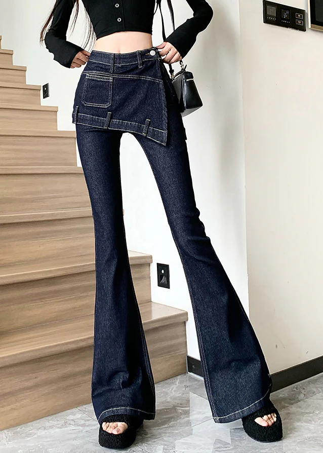 Women's Blue Patchwork High Waisted False Two Piece Denim Flare Pants