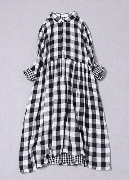 Black and White Large Check Double Layer Long Sleeve Dress