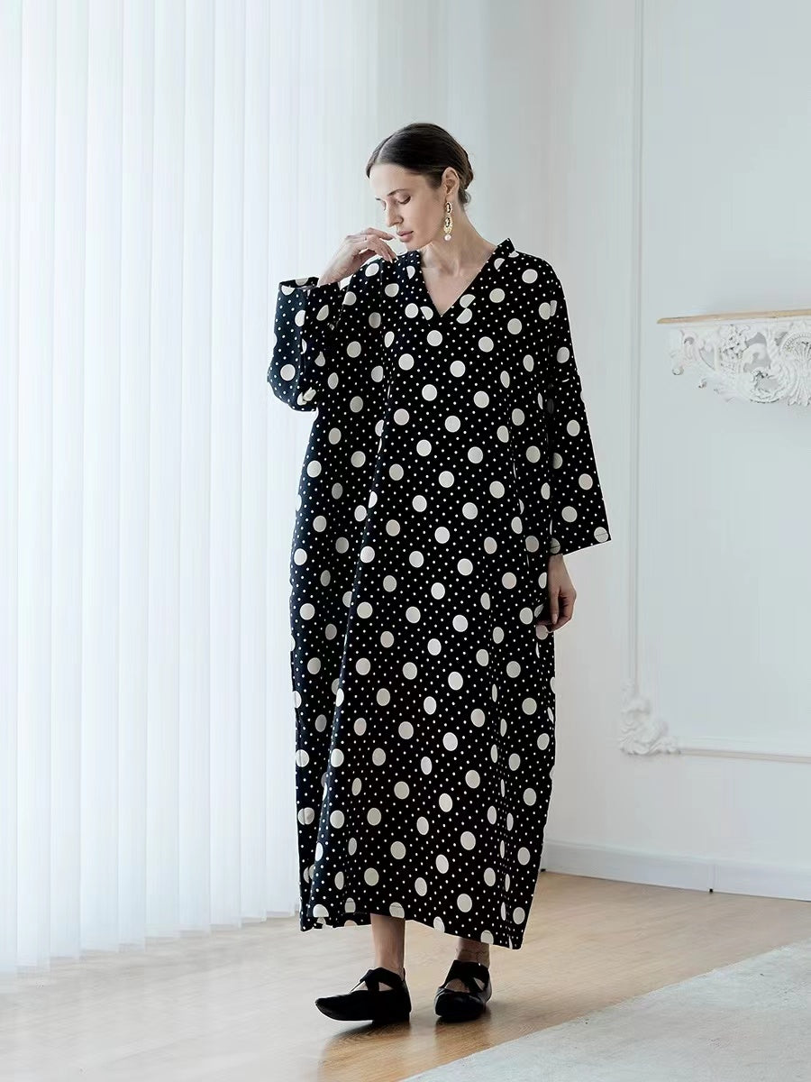 Elegant Plus Size Printed Polka Dot Black Long Sleeve Long Dresses