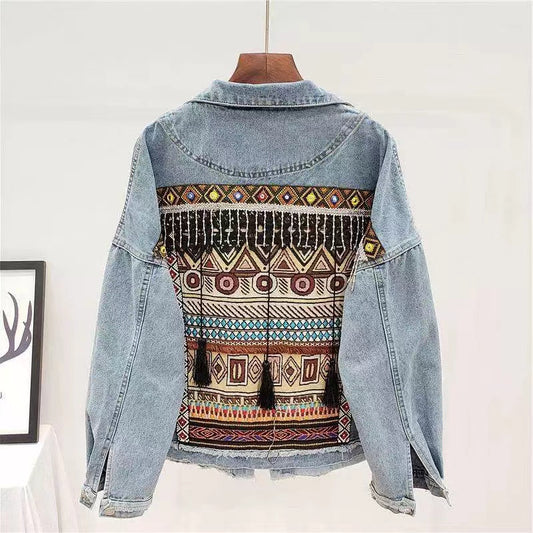 Loose Fringe Embroidered Beaded Denim Jacket