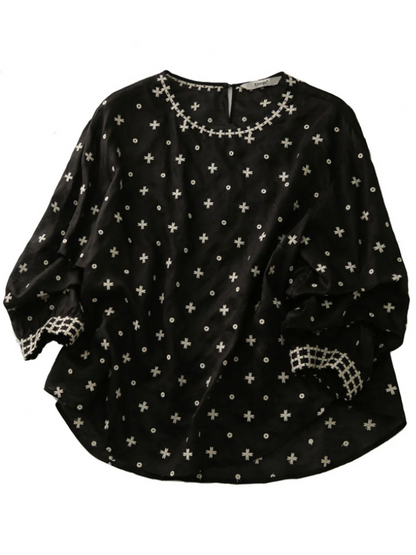 Elegant Embroidered Round Neck Bubble Long Sleeve Blouse Top