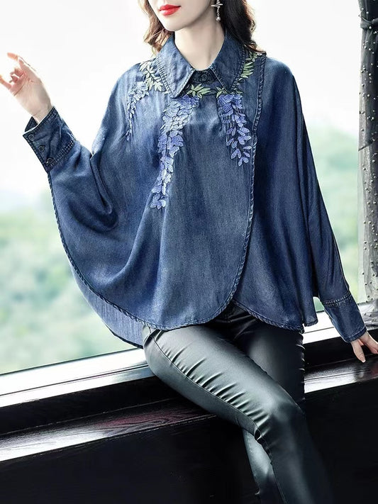 Elegant Lapel Asymmetric Embroidered Bat Sleeve Denim Top