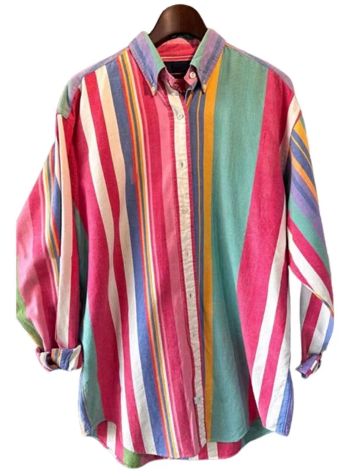 Loose Retro Lapel Colourful Striped Long Sleeve Shirt Top