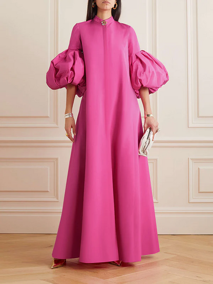 French Elegant Solid Colour Stand Collar Lantern Sleeve Long Dress