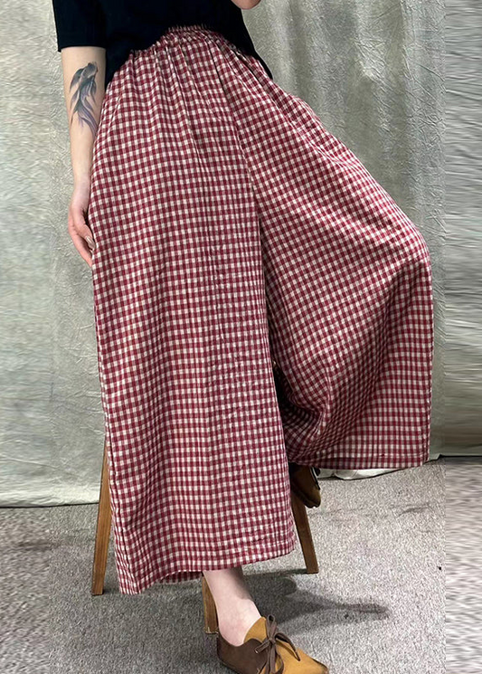 Loose Plaid Pocket Elastic Waist Cotton Wide Leg Pants