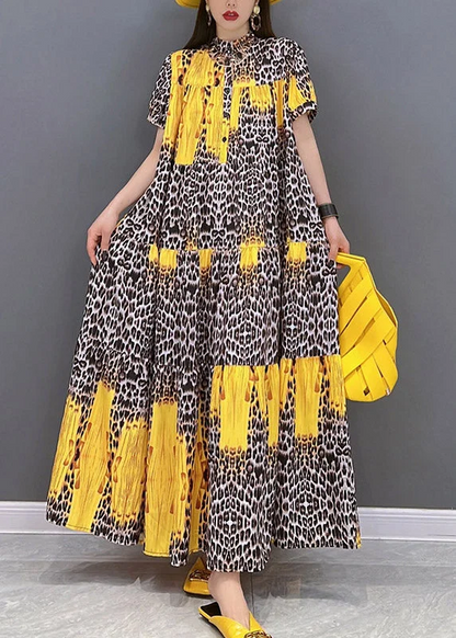 French Yellow Printed Short Sleeve Long Dress