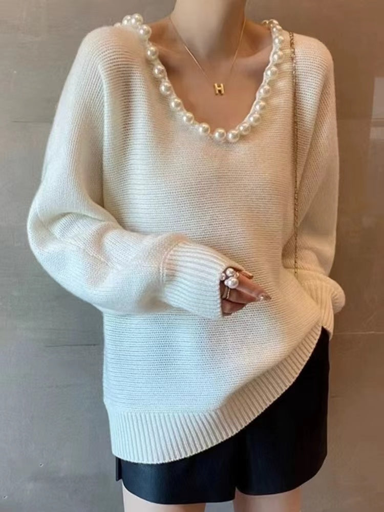 Handmade V-neck beaded thick knit sweater