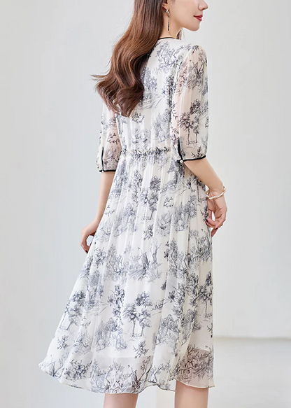 Elegant O Neck Printed Drawstring Short Sleeve Dress