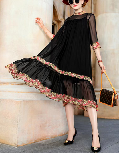 Elegant patchwork see-through hem silk dress