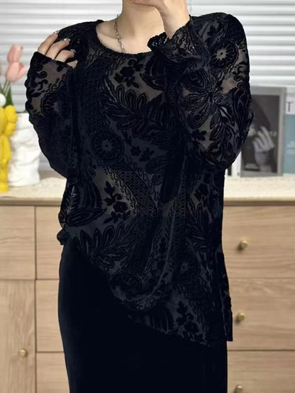 Women's Round Neck Lace Long Sleeve Top