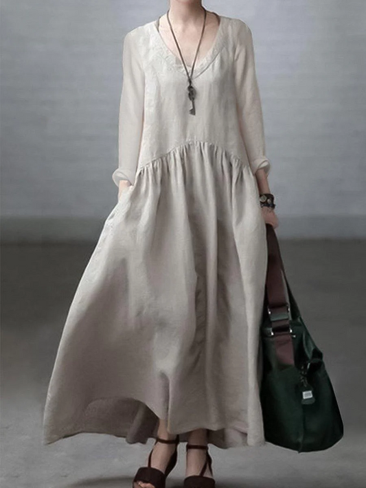 Elegant loose V-neck solid color cotton linen dress