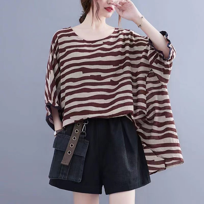 Striped Asymmetric Patchwork Cotton Batwing Sleeve Top