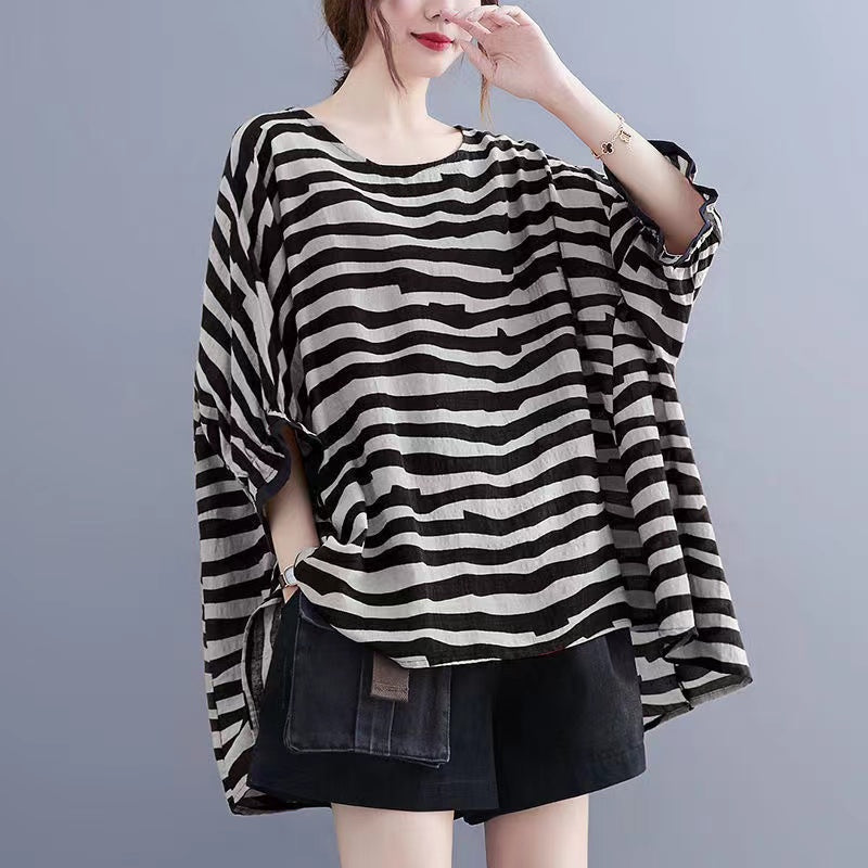 Striped Asymmetric Patchwork Cotton Batwing Sleeve Top