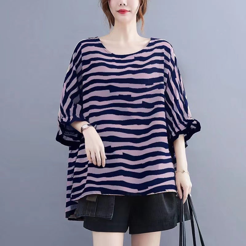 Striped Asymmetric Patchwork Cotton Batwing Sleeve Top