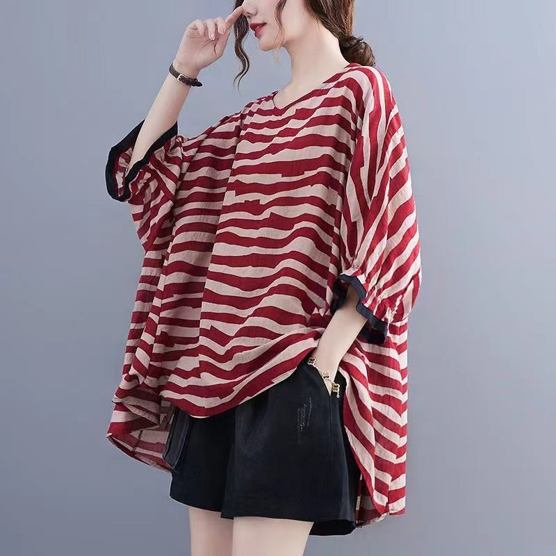 Striped Asymmetric Patchwork Cotton Batwing Sleeve Top