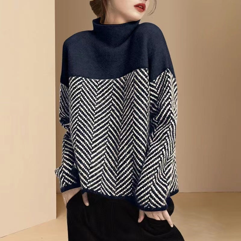 High neck color clashing knit pullover winter