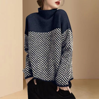 High neck color clashing knit pullover winter