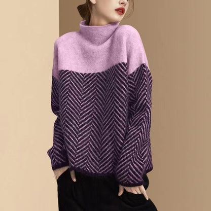 High neck color clashing knit pullover winter