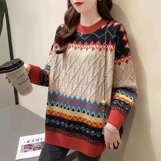 Vintage Crew Neck Geometric Print Long Sweater