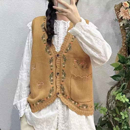 Embroidered Floral Cardigan Sweater Vest Outfit