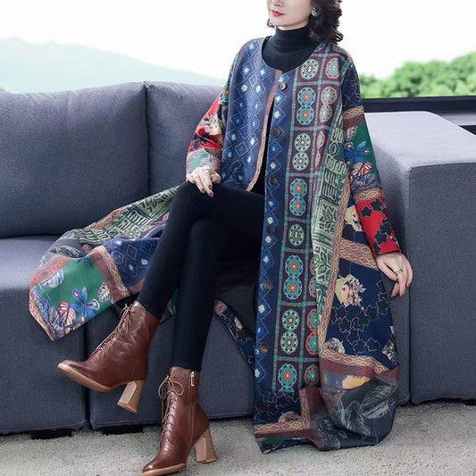 Retro Irregular Print Long Coat Thin Cotton Jacket