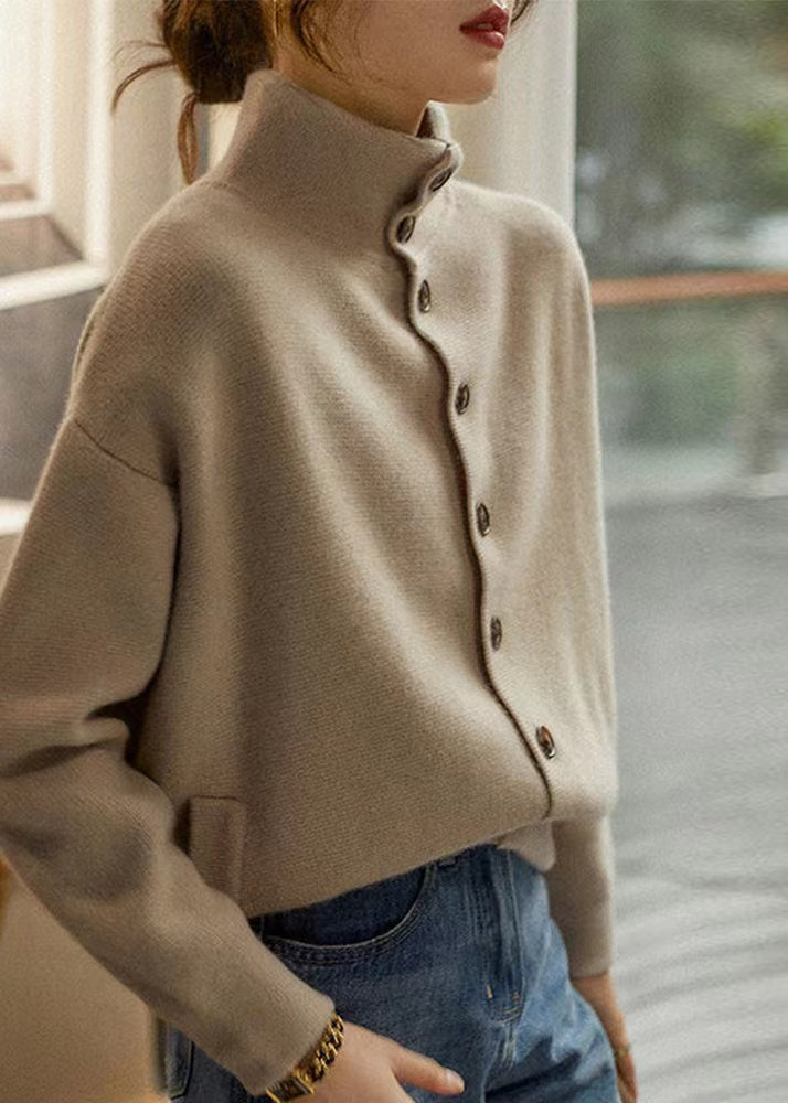 Loose Light Camel High Neck Buttoned Thick Knit Sweater Long Sleeve