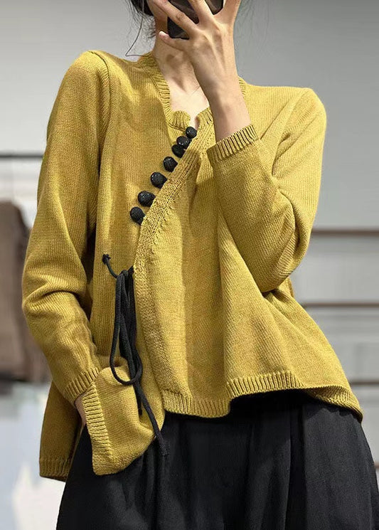 Vintage Yellow Asymmetric Design Tie Knit Baidu Sweater