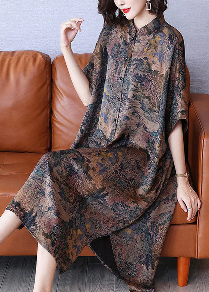 Loose Standing Collar Printed Button Silk Maxi Dress Half Sleeve