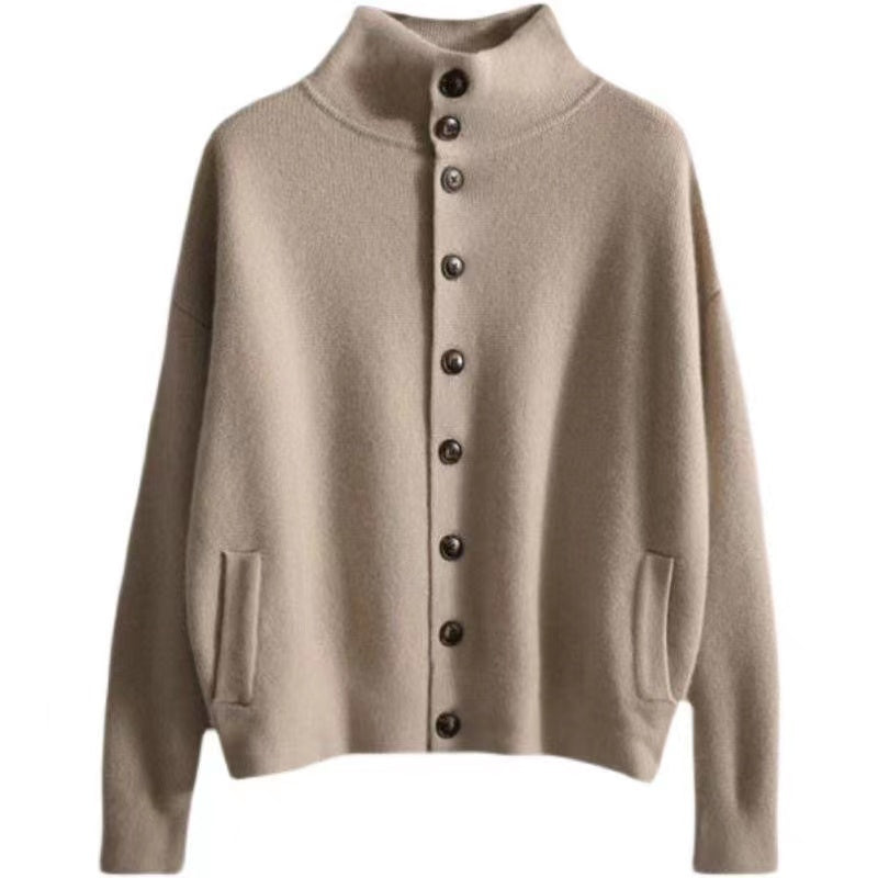 Loose Light Camel High Neck Buttoned Thick Knit Sweater Long Sleeve