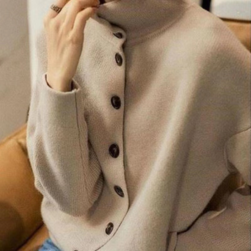 Loose Light Camel High Neck Buttoned Thick Knit Sweater Long Sleeve