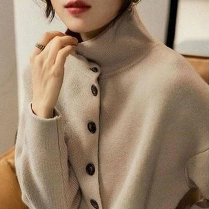 Loose Light Camel High Neck Buttoned Thick Knit Sweater Long Sleeve