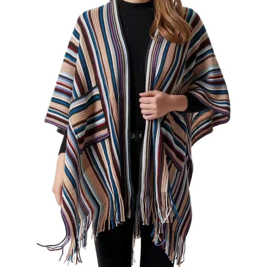 Casual Retro Colourful Stripe Hem Fringe Shawl