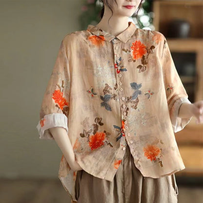 Vintage Printed Cardigan Lapel Shirt