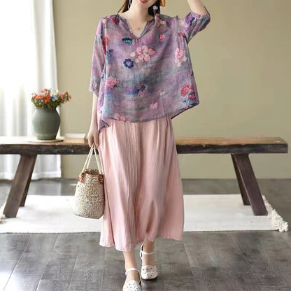 V-Neck Printed Loose Half Sleeve Shirt