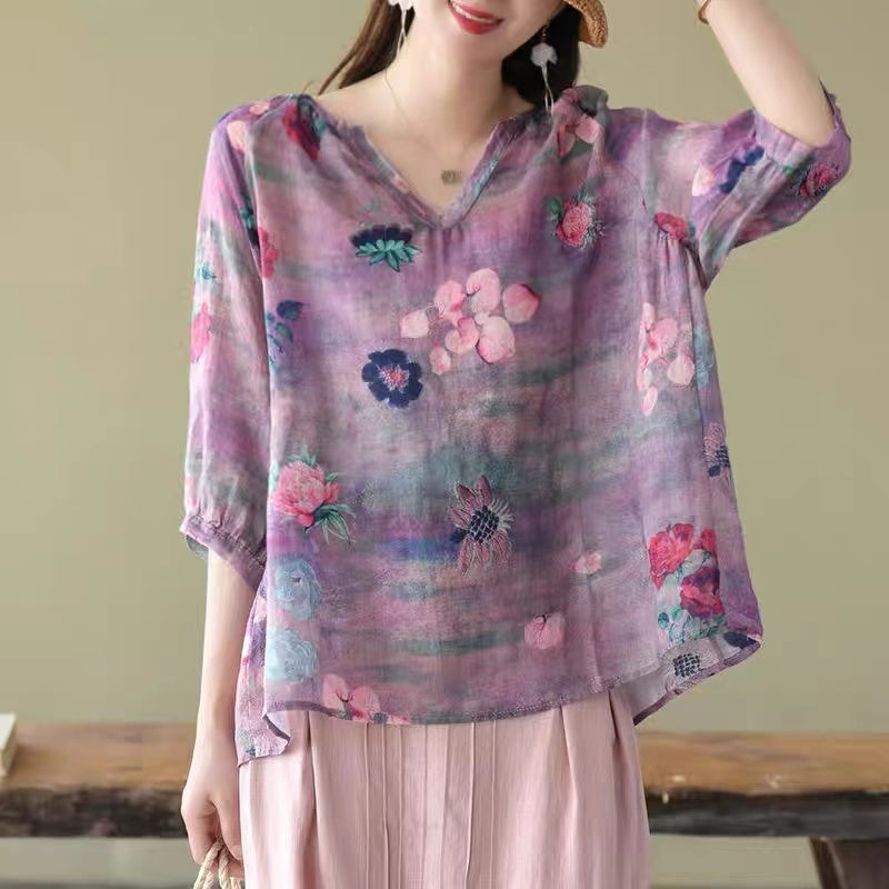 V-Neck Printed Loose Half Sleeve Shirt