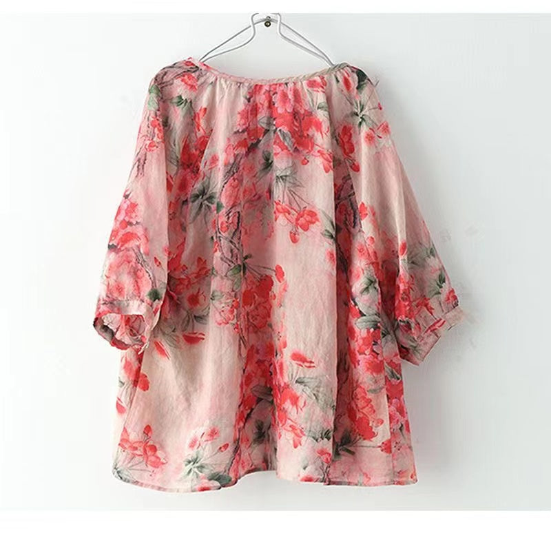 V-Neck Printed Loose Half Sleeve Shirt