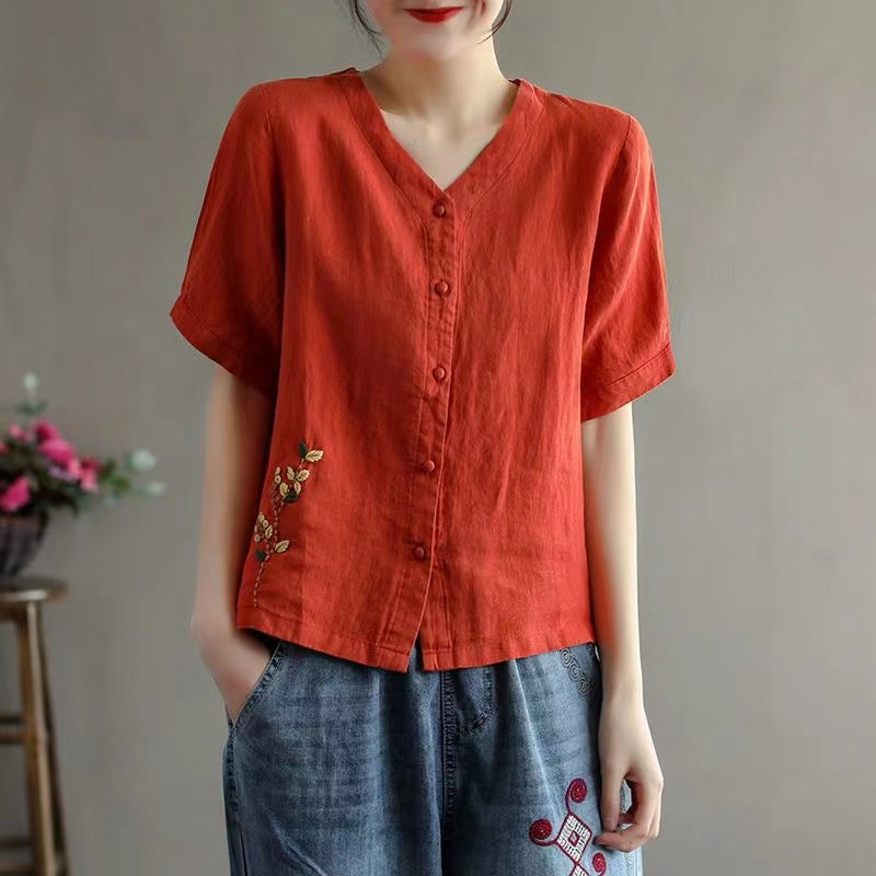 V-neck embroidered floral linen shirt