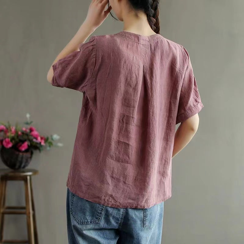 V-neck embroidered floral linen shirt