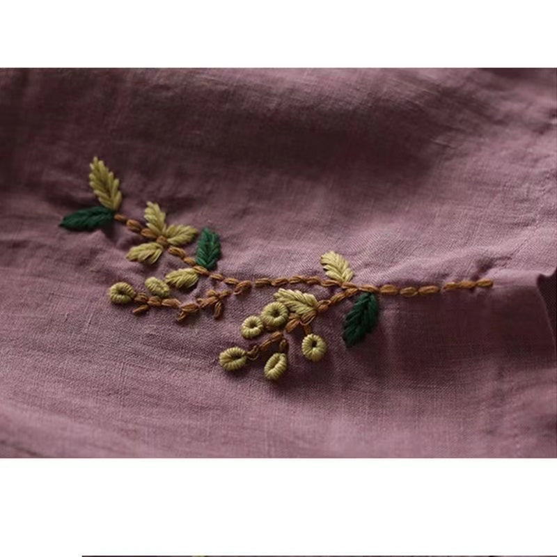 V-neck embroidered floral linen shirt