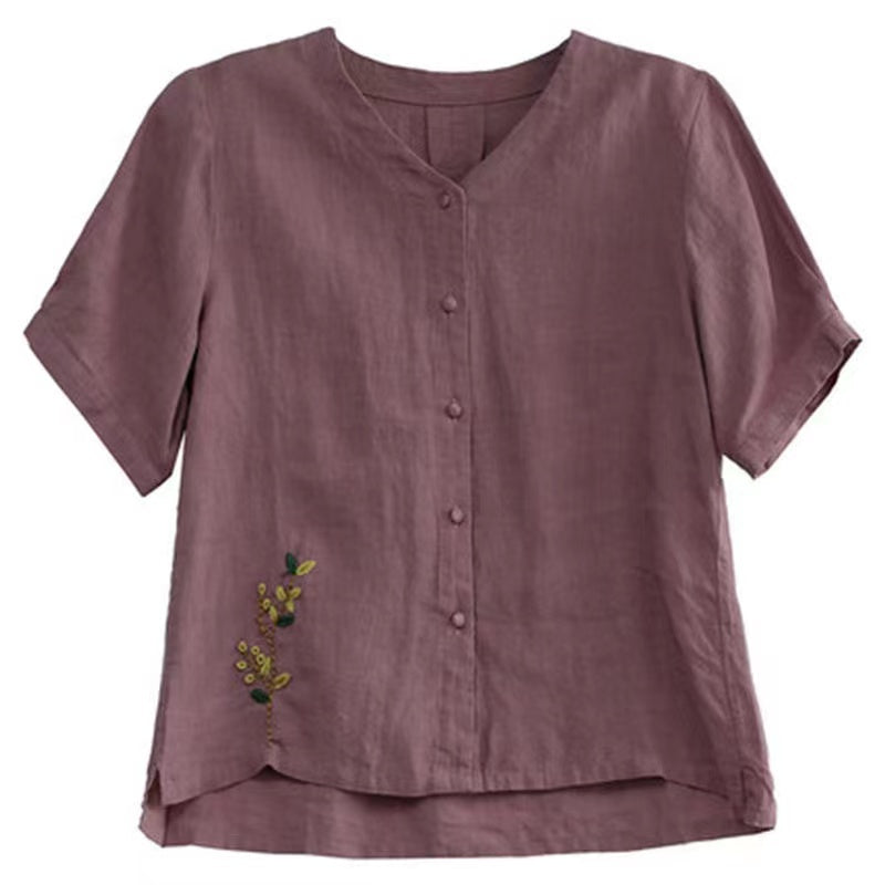 V-neck embroidered floral linen shirt