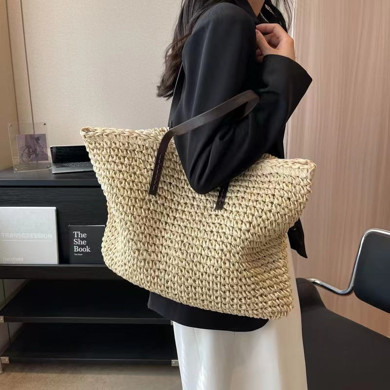 Coffee Straw Woven Crossbody Tote